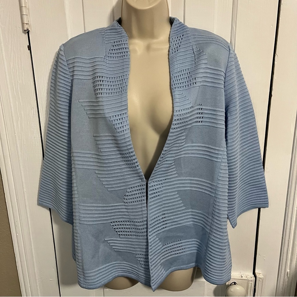 Misook Powder Blue Knit 3/4 Sleeve Cardigan Sweater PL Petite Large I2